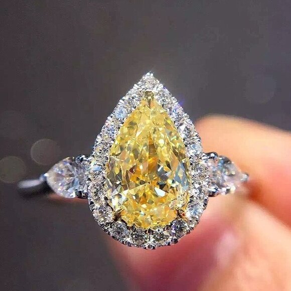 🔥925 Silver Yellow Water Drop Romantic Crystal Diamond Ring for Women, K778 - Picture 9 of 10